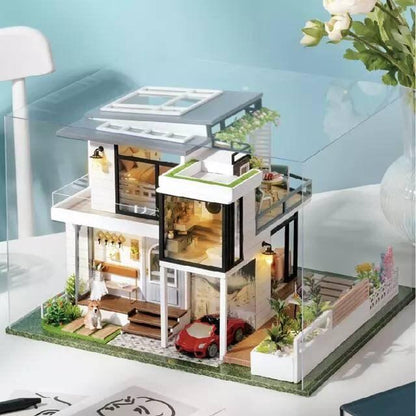 DIY Dollhouse Kit Duplex Bungalow Miniature With Swimming Pool Two Story European Villa Modern Style Miniature Dollhouse Kit Adult Crafts