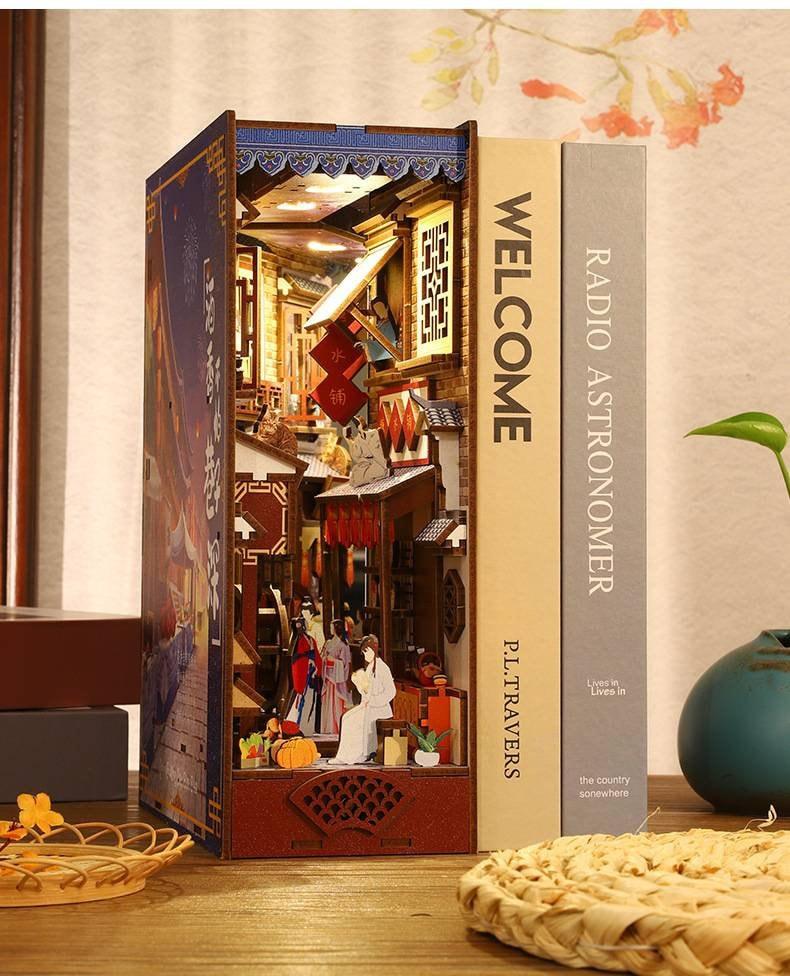 DIY Book Nook Kits - Charming Alley Japanese Street Book Nook - DIY Book Shelf Insert Decorative Bookends Bookcase with LED Building Kit