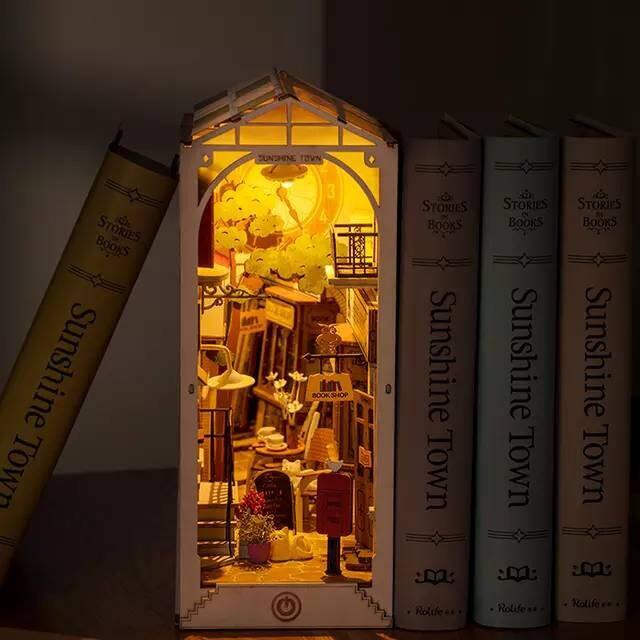 DIY Book Nook Kits - Sunshine Town Book Nooks - Book Store DIY Book Shelf Insert Decorative Bookends Bookcase with LED Building Kit