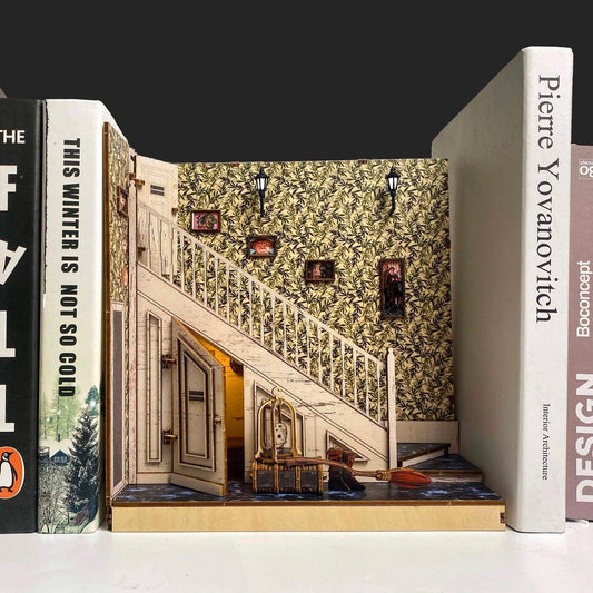 The Cupboard Under Stairs Book Nook - DIY Book Nook Kits - 4 Privet Drive House Book Nook - Dursley's House Book Nook - Dudley Room Book Nook Wizard Alley Book Nooks Magic Alley Book Shelf Insert Book Scenery with LED